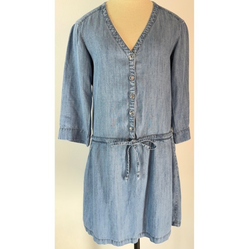 Michael Stars Denim Chambray Shirt Dress Drawstring Waist Tencel Linen Boho Chic
